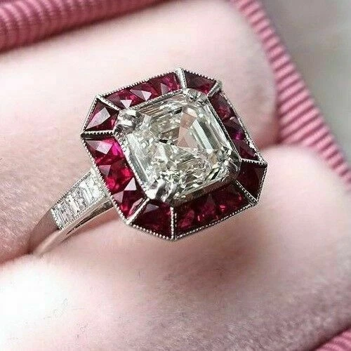 Princess 3ct Ruby Asscher Cut 10K White Gold Three Stone Engagement Ring:Jian  London:10K Gold Rings