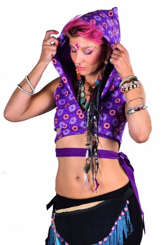 Hippy Crop Top with Pixie Hood, Geometric Print Reversible Goa Doof Festival Top - Picture 8 of 8
