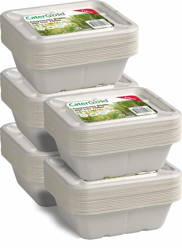 CATERGOLD Bowls Disposable Rectangular 750ml Salad Bowls Lids Biodegradable Takeaway Box