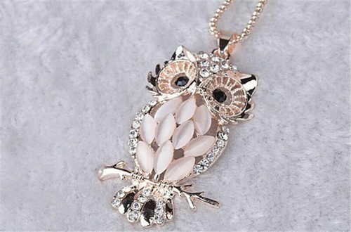 Crystal Opal Owl Pendant Chain Gold Plated Sweater Long Necklace Jewelry Gift - Picture 6 of 9