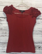 XXI Shirt Junior S Red Short Sleeve Rose Ruffle Shoulder Accent Scoop Neck