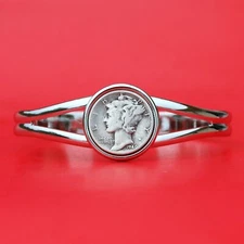 US 1916 ~ 1945 Mercury Dime 90% Silver 10 cent Coin Silver Plated Cuff Bracelet
