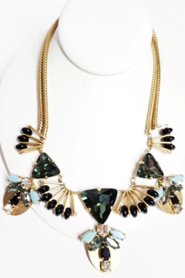 J.Crew Fanned Jewel Statement Necklace in Emerald Green Light Gold Ox B1693 NWT