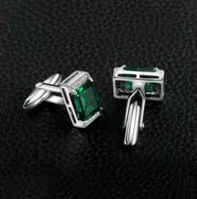 3 CT Emerald Cut Lab Created Green Emerald Men's Cufflink 14K White Gold Plated.