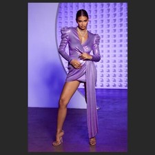NWT Fashion Nova Luxe Ronan Sequin Long Sleeve Mini Wrap Dress Lilac Ruched Med