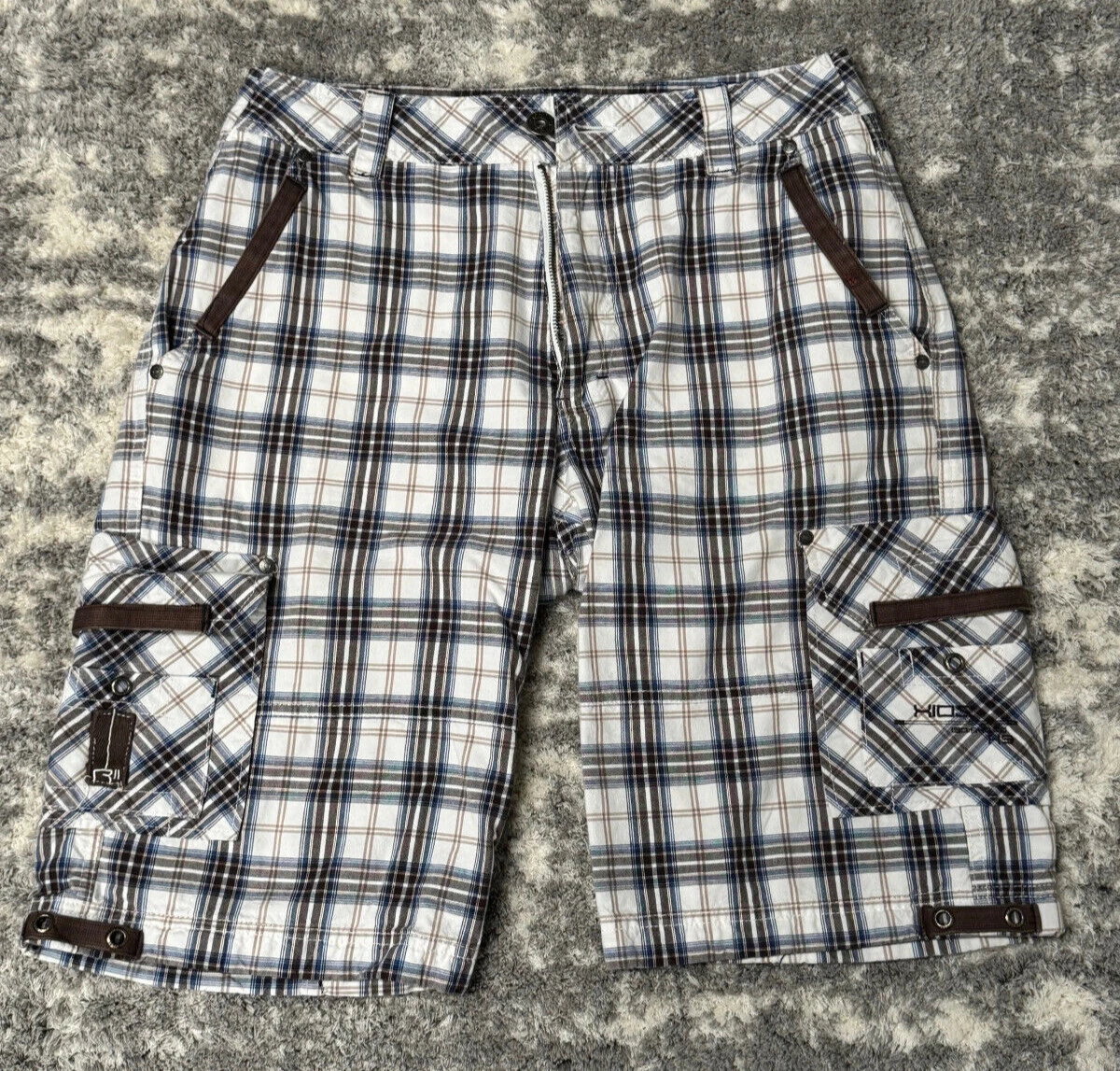 XIOS Tribeca Cargo Shorts Mens Sz 32 Flat Front Pockets White Brown Plaid Cotton