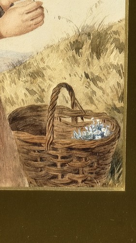Contadinella che raccoglie fiori, dipinto acquerello inglese epoca Ottocento - Foto 9 di 15