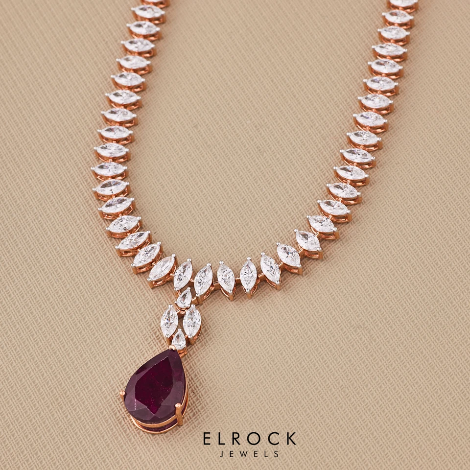 14K Rose Gold Tennis 24.2Ct Labgrown Diamond Ruby Stone Necklace For Women's - Image 2 of 4