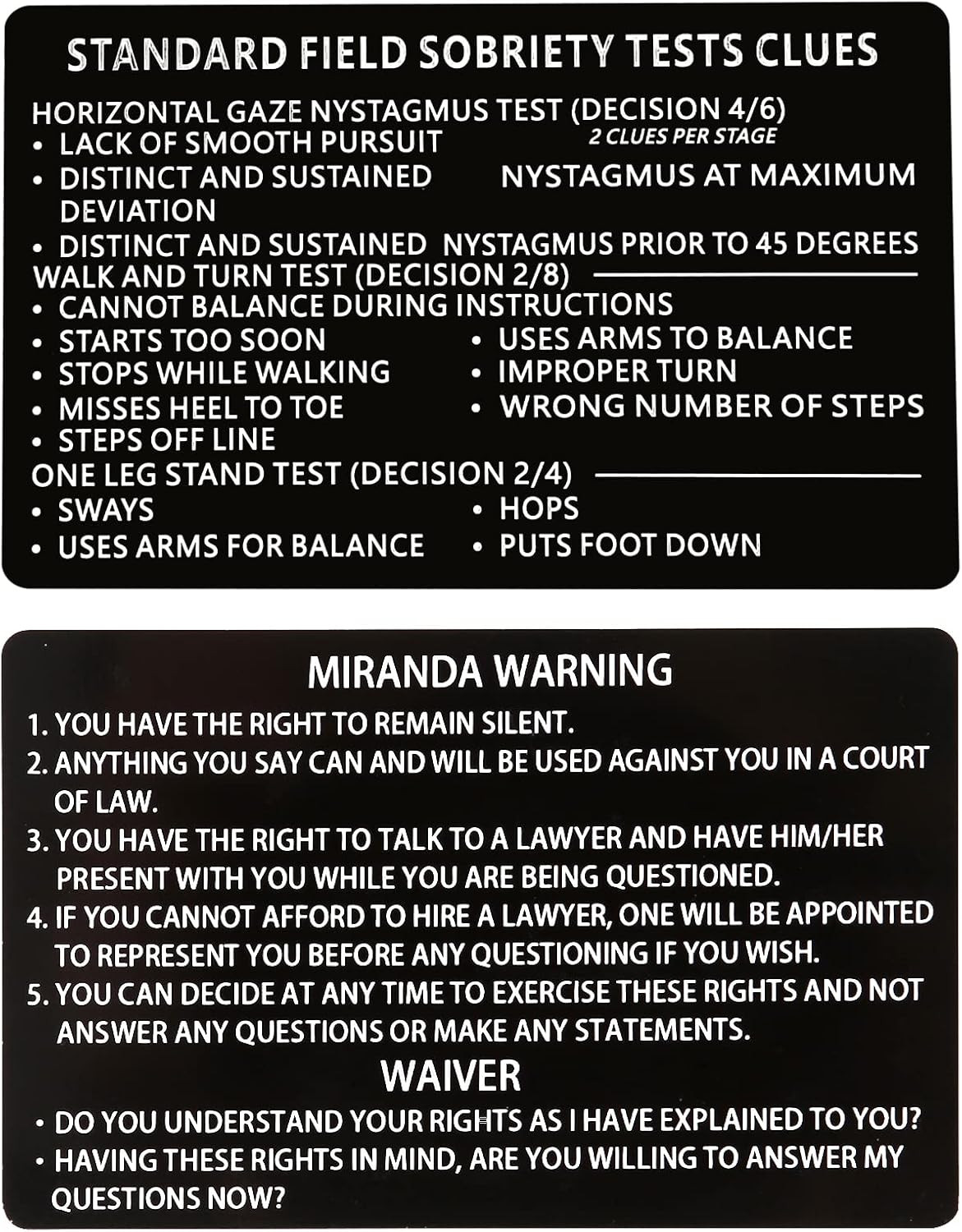 3-Pack Laser Black Metal Miranda Rights & Sobriety Test Cards for Law Enforcemen