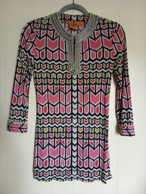 Tory Burch Womens Beaded 100% Silk Multicolored Tunic Top Sz XS