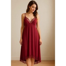 Lace Trim Slip Dress  Burgundy High Low Hem Adjustable Straps Coquette  XL