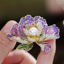 Gold Purple Peony Flower Brooch Pearl Enamel Rhinestone Pin Summer Jewelry Gift