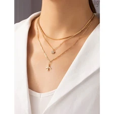 Romwe Women's Airplane Décor Gold Tone Layered Chain Necklace
