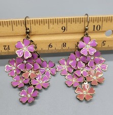 Gold Tone Purple Flower Cluster Dangle Rhinestone Spring Summer Hook Earrings E1