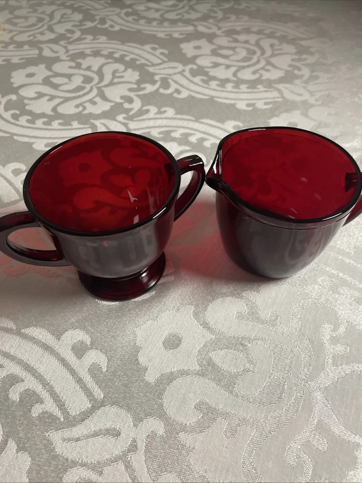 Ruby Red Glass Vintage Creamer and Sugar Bowl with Handles Set - Image 3 of 3