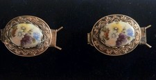 Pair Vintage Floral Porcelain Hair Clips Colorful Flowers Oval Goldtone Setting