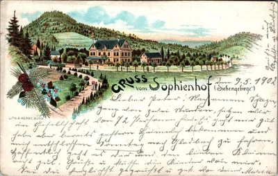 LITHO GRUSS AUS KÖNIGSWINTER RHEIN SIEG KR. HOTEL SOPHIENHOF LANGE COL. 1902 - Bild 1 von 2