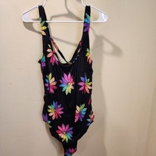 ROBBY LEN Swim fashions Vintage Black Neon Floral One Piece Bathing Suit Swim 16