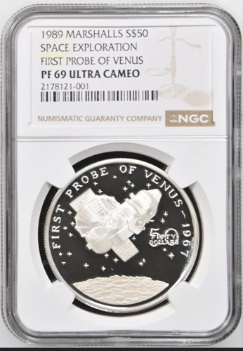 1989 Marshall Islands Space First Probe of Venus Silver $50 - NGC PF69 UC