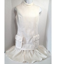 Vintage 60s WIMZEE JR Cream Mock Neck Pleated Skirt Crepe Shift Dress Mod XS/S ?