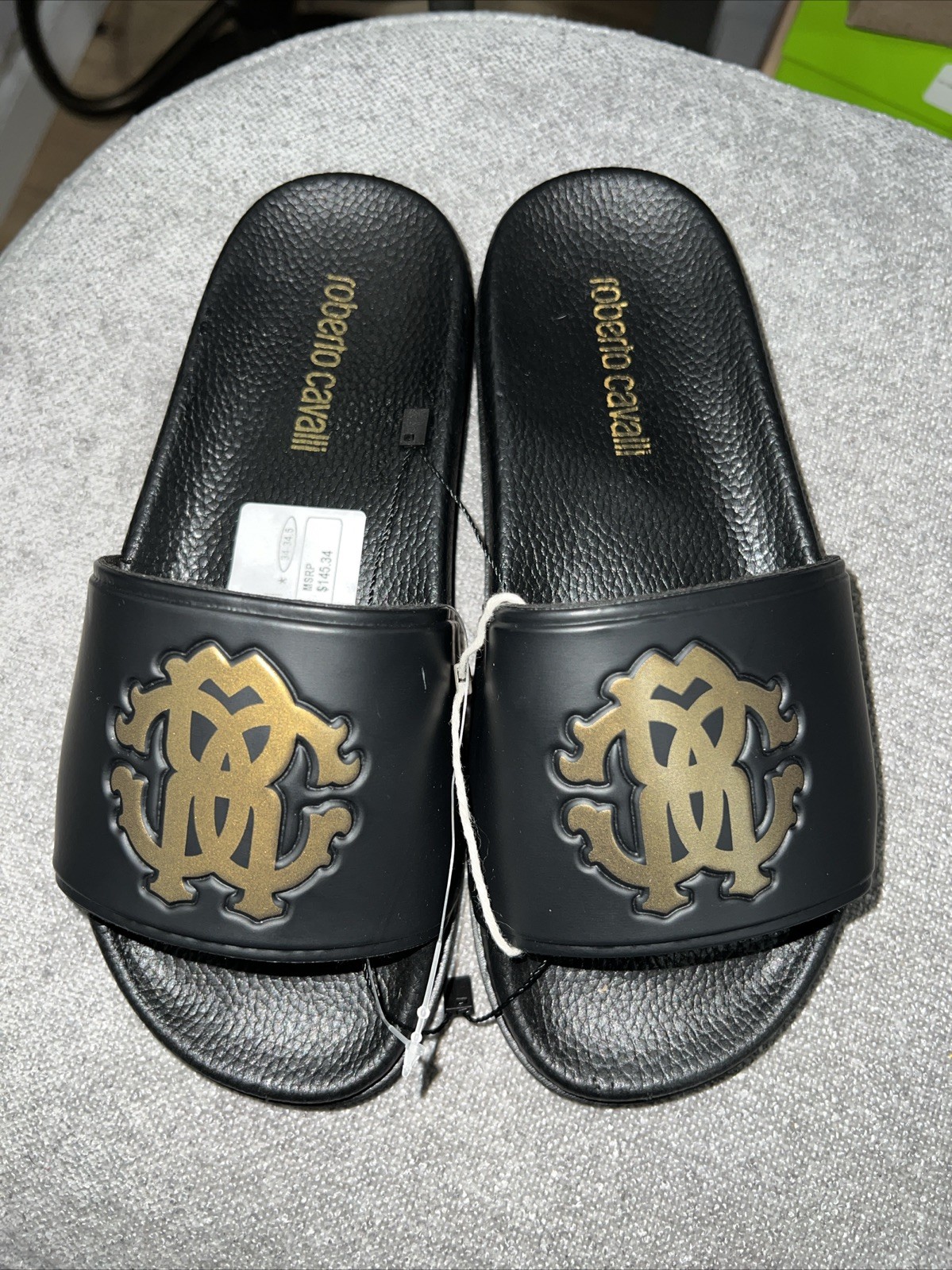 PANTOFOLA D’ORO Roberto Cavalli scivoli pantofole piscina in gomma nera con logo oro taglia 33 US 2