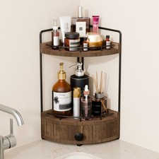2-Tier Corner Bathroom Countertop Organizer with Drawer, Wooden Vanity Organi...