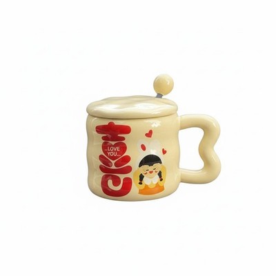Cartoon-Doppelglück-Tasse, Keramikpaar mit Deckel, Geschenk