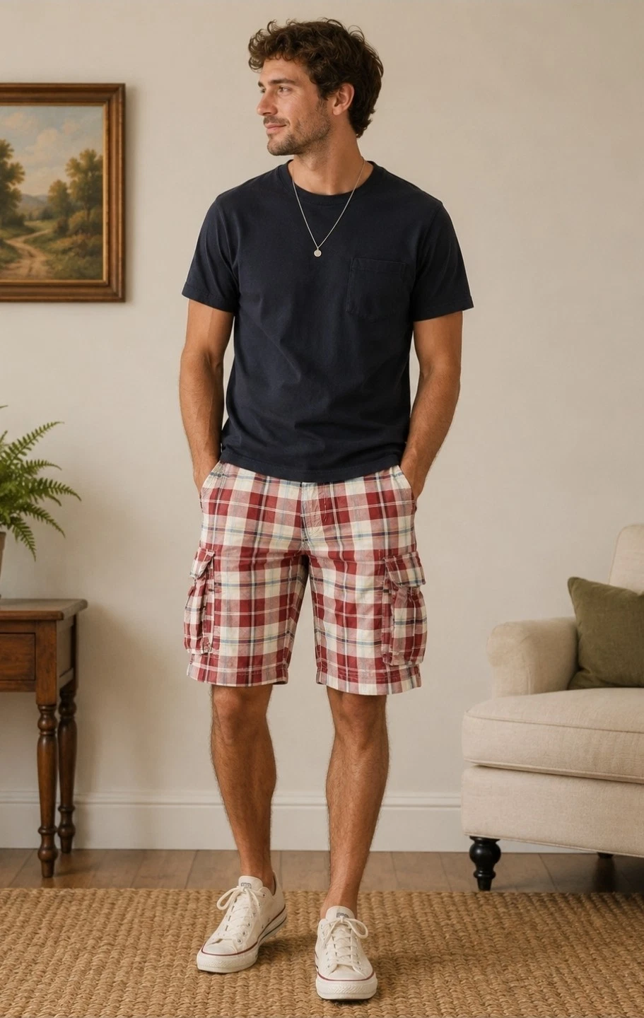 Abercrombie & Fitch Mens 36” Burgundy & Blue Plaid Cargo Shorts Y2K 90s Baggy
