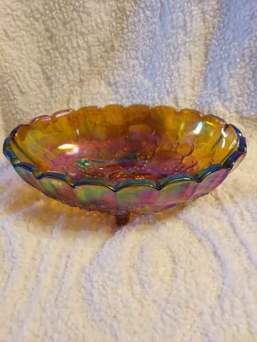 Iridescent Carnival Glass Fruit Bowl Oval Indiana Harvest Grape Amber Footed VTG