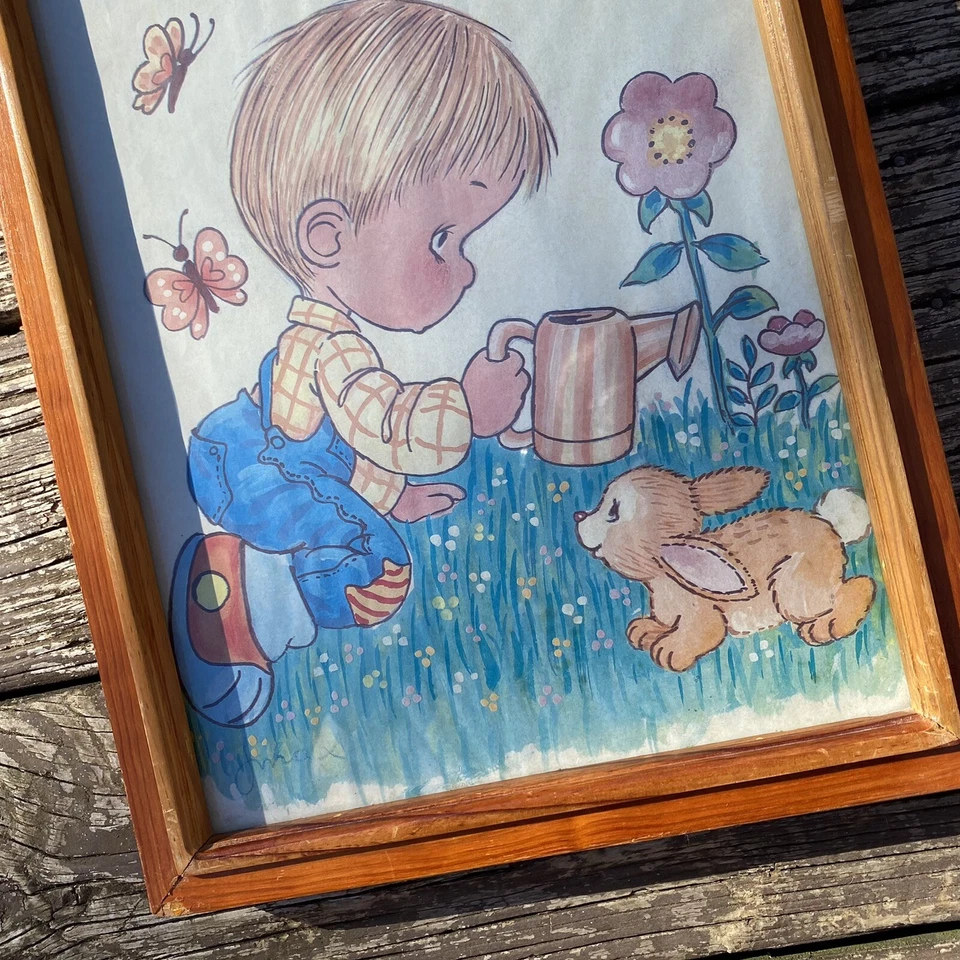 Cuadro vintage de pared de vivero niño riegando una flor  Foto 4 de 4