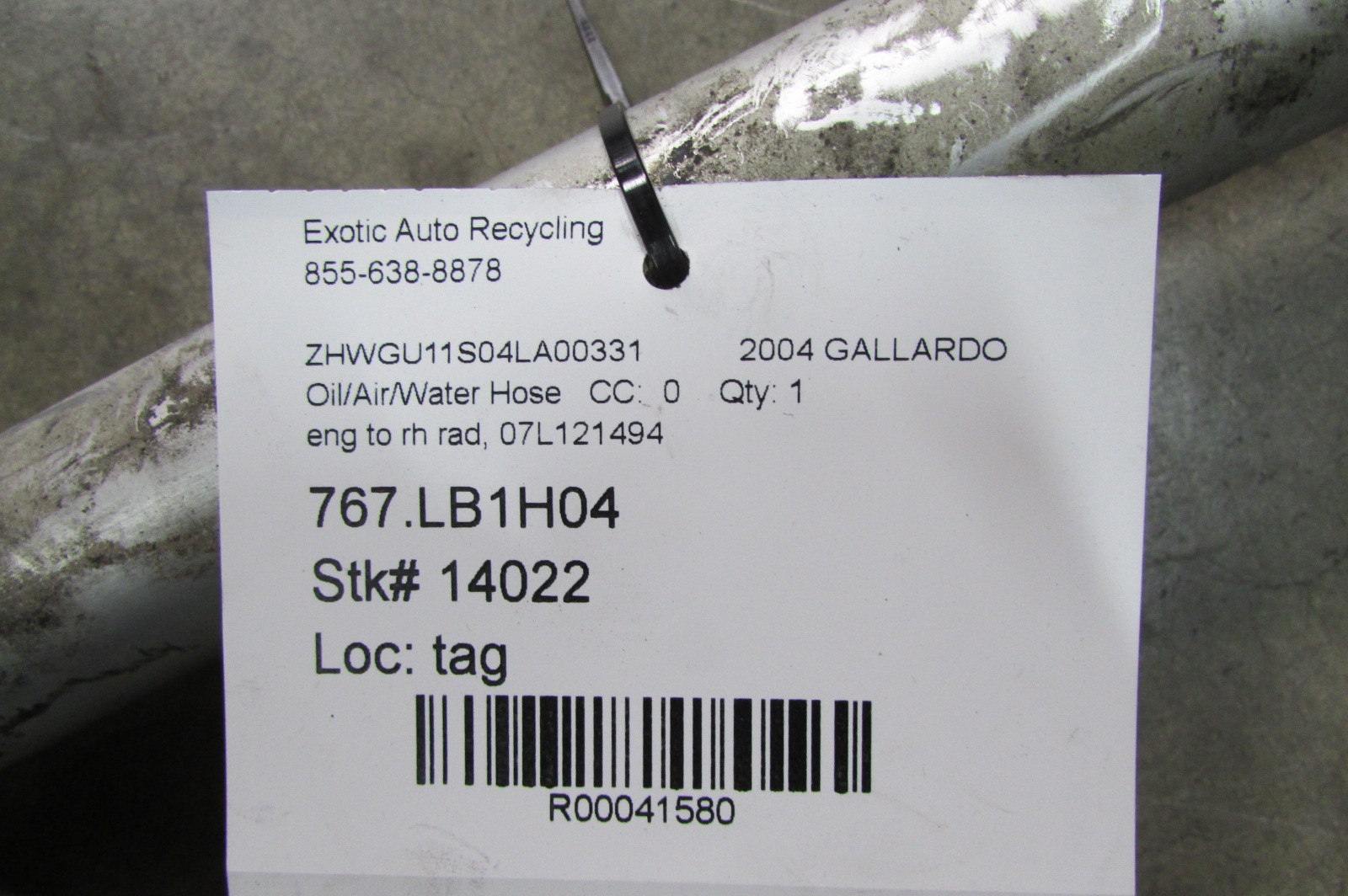Lamborghini Gallardo Engine to RH Radiator Water Hose, Used, P/N 07L121494