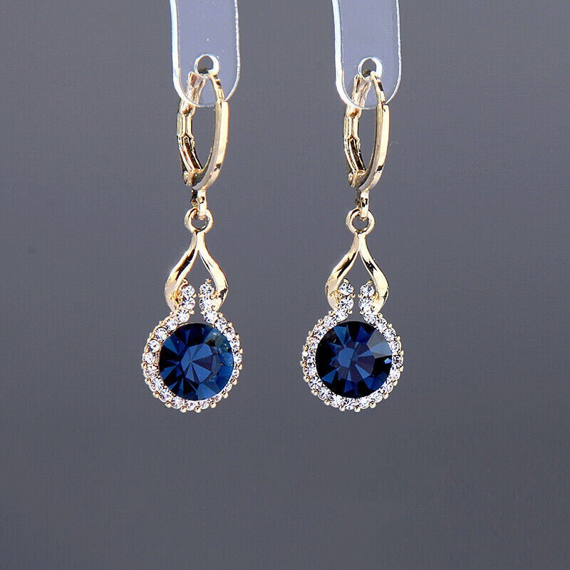 14K Gold Plated Round Cut Simulated Blue Sapphire Drop Dangle Earrings