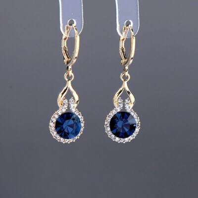 14k Yellow Gold Plated In Round Cut Simulated Blue Sapphire Drop Dangle Earring