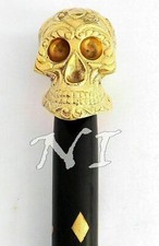Black Wooden Walking Stick Skull Head Brass Solid Handle Shaft Cane Gift
