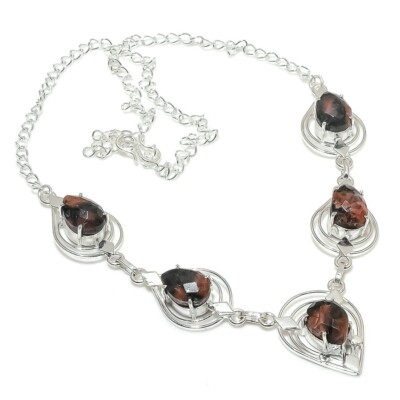 Handgefertigte Mahagoni Obsidian Edelstein 925 Sterlingsilber Schmuck Halsket...