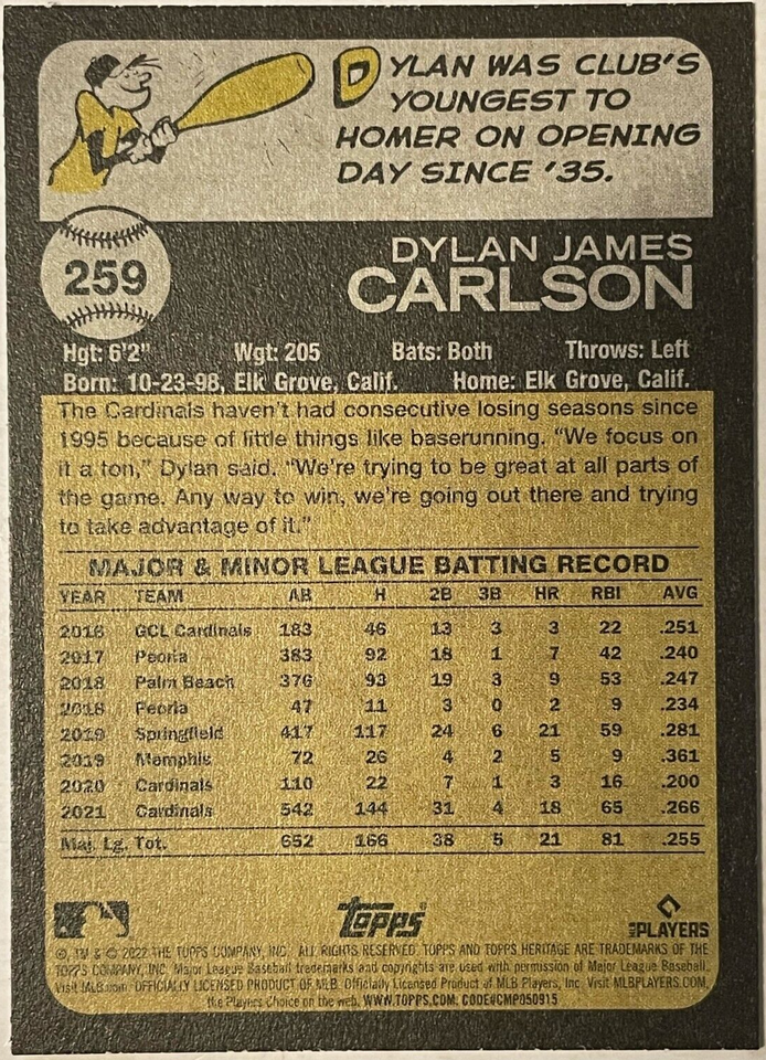 2022 TOPPS HERITAGE 259 DYLAN CARLSON *MISPRINT/ERROR CARD FADED
