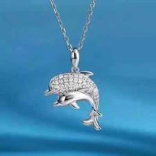 14K White Gold Plated Dolphins Beauty Pendant 1.20Ct Round Cut Simulated Diamond