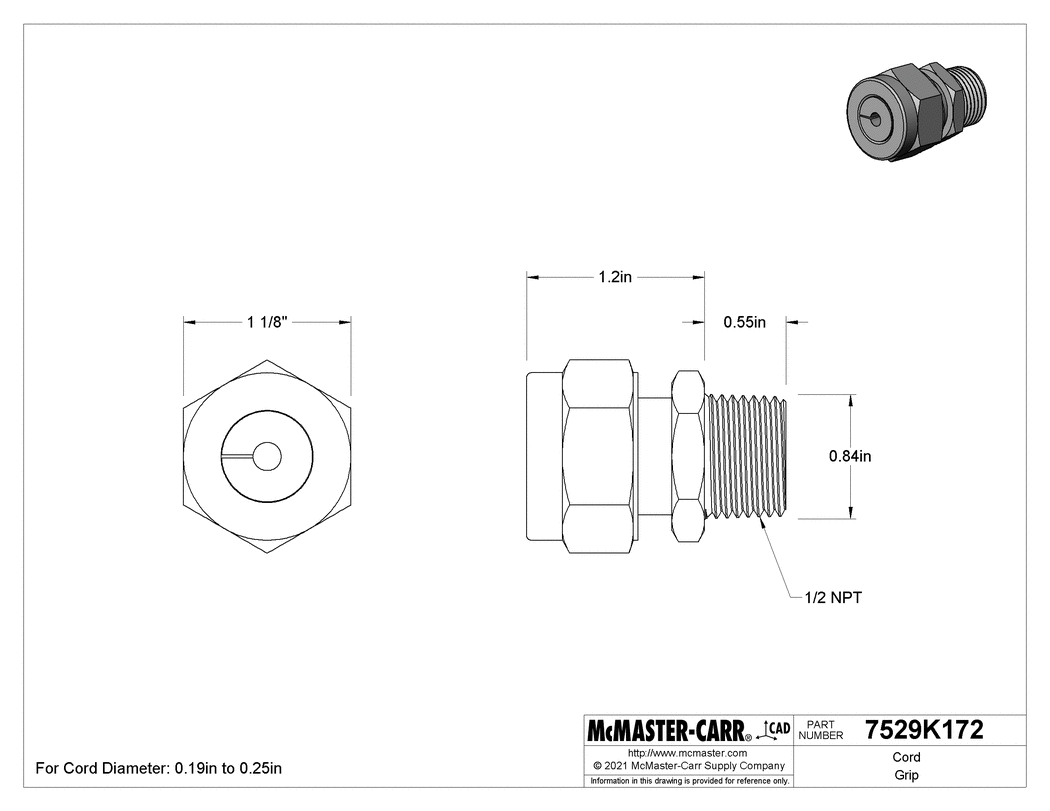 New McMasterCarr 7529K172 Steel Cord Grip for 0.190.25" Cables eBay