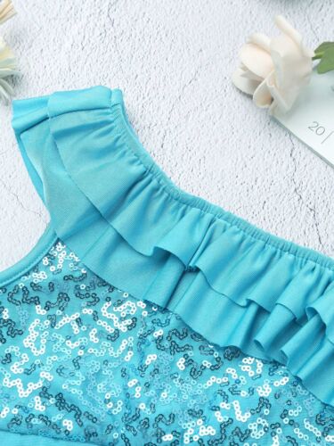 Girls Sequined Ruffled Ballet Dance Crop Top Modern Jazz One Shoulder Cami Vest - Picture 61 of 66
