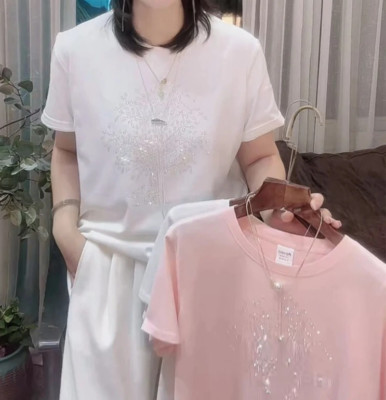 New Women Luxury Diamond Tree Rhinestones T-Shirt High Quality White Pink