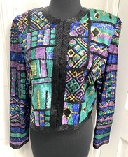 Vintage Laurence Kazar Colorful Art To Wear Beaded Jacket Size L