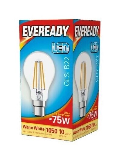 5x Eveready LED Filament GLS Bulb 8.5W (75W) 1050lm BC B22 - Warm White