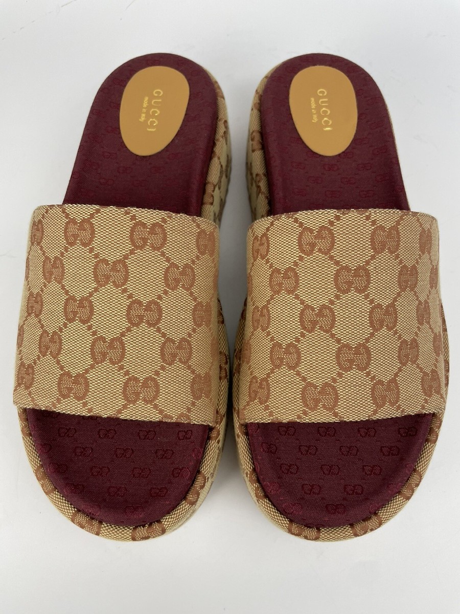 Gucci 573018 Angelina GG Supreme Platform Slide Sandals Beige