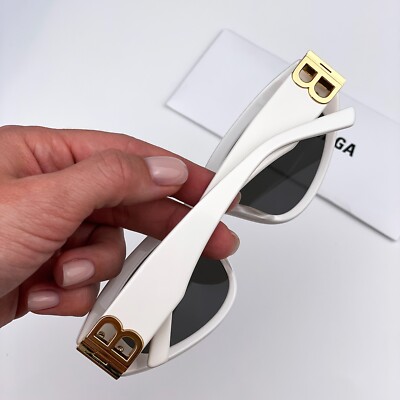Balenciaga Women Sunglasses White Gold Logo Grey Cat Eye 