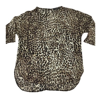 Primark Beige Black Leopard Print Womens 3/4 Sleeve Round Neck Blouse Top UK 12