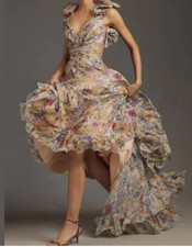 Mac Duggal Maxi Dress Gown Size 4 Floral Ruffle Lace-Up-Back Romance Chiffon NWT