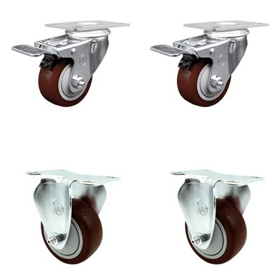 3 Inch Maroon Polyurethane Swivel Top Plate Caster Set 2 Lock Brakes 2 Rigid SCC