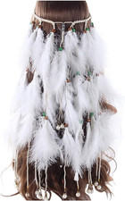 Feather Headband White Fake Pearl Hippie Indian Boho Hair Bands Tassel Bohemian