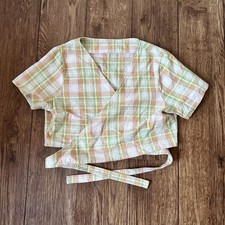 Milk It Summer Holiday Wrap Top Size S Orange Green Gingham Check Cotton Crop 10