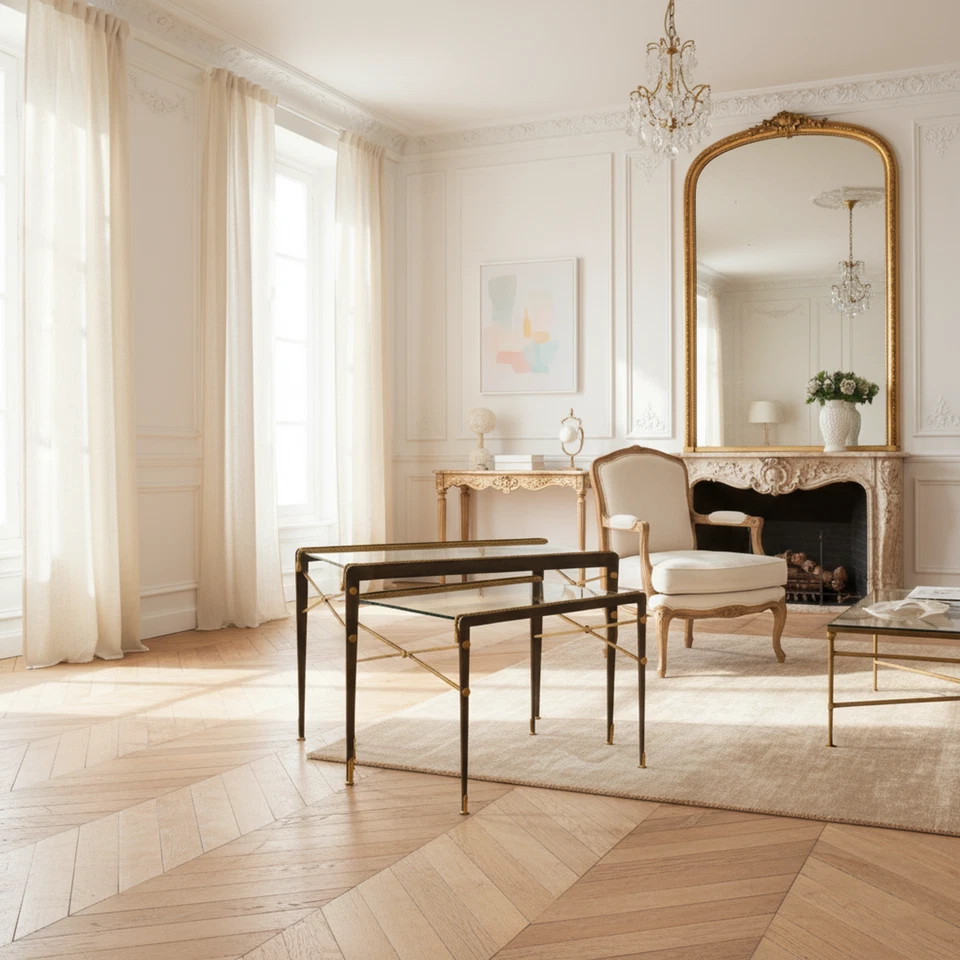 Par de mesas anidadoras de hierro modernas vintage francesas de mediados de siglo, estilo Jansen Foto 2 de 4